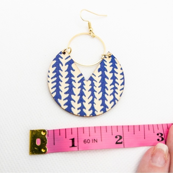 Blue White Gold Organic Geometric Coastal Printed Statement Wooden Earrings Boho - Picture 10 of 10